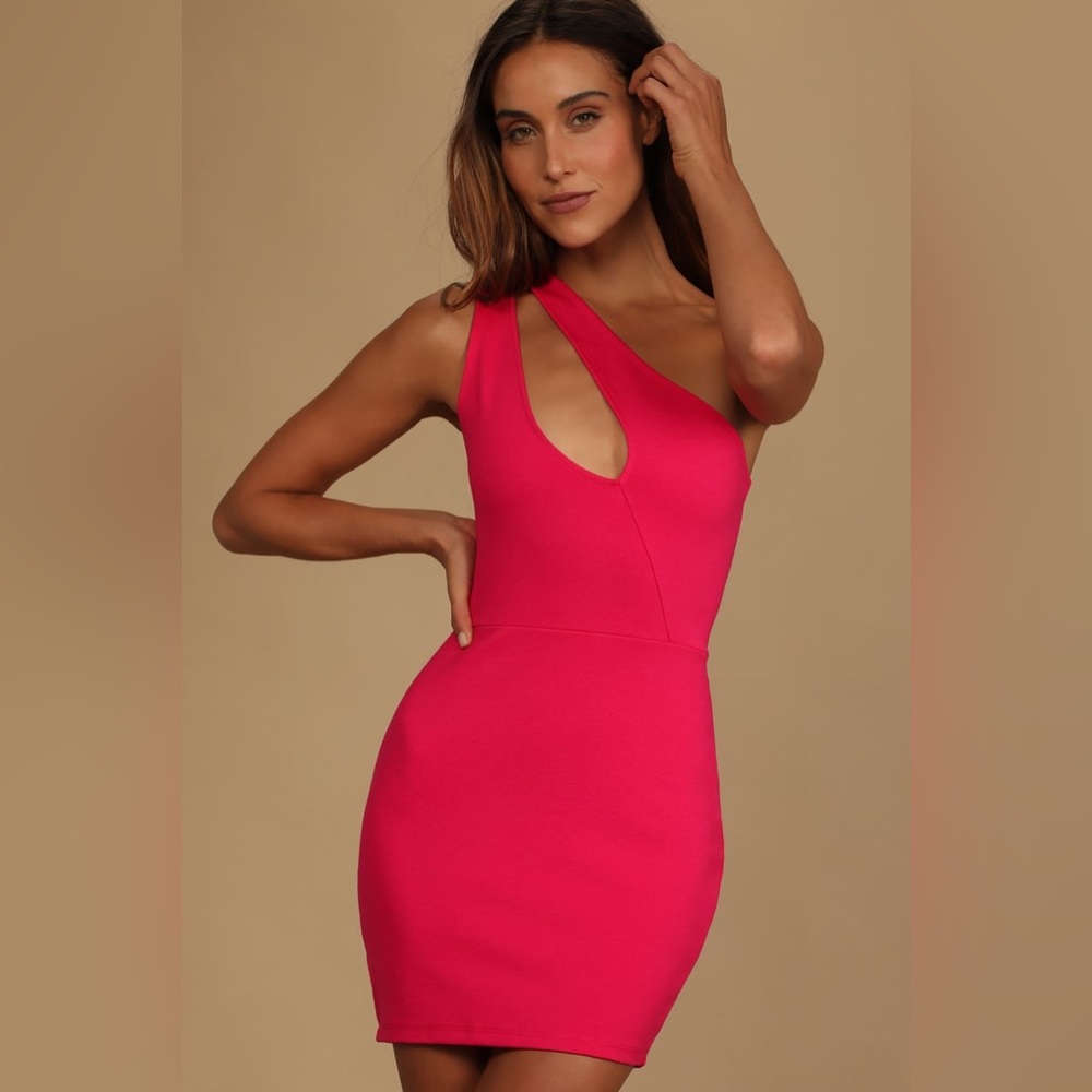 NWT Lulus Down to Party Hot Pink One-Shoulder Cutout Bodycon Mini Dress - Picture 2 of 6